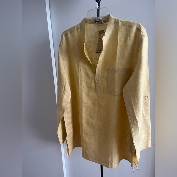NWT FABINDIA Men 100% Linen Woven Nehru Kurta Mustard Yellow Festive Sz 38 Mediu - Picture 3 of 16